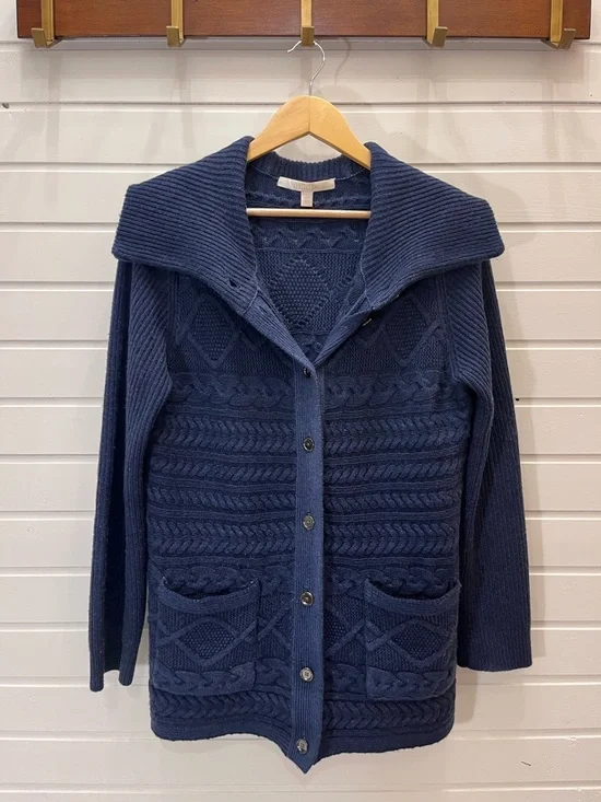 Nordstrom Collection Navy Cable Knit Cardigan Size L Sailor Collar Button-Up - Picture 4 of 7